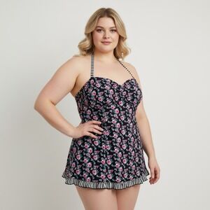 Bella Sol Floral Tankini Swim Top Black Pink Blue Striped Ruffle OK124600 Medium